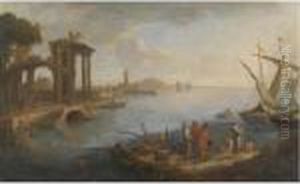 A Coastal Landscape With Figures Conversing In The Foreground Beside Boats
