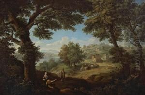 A Wooded Landscape With Figures Resting By A Tree And A Hill Town Beyond