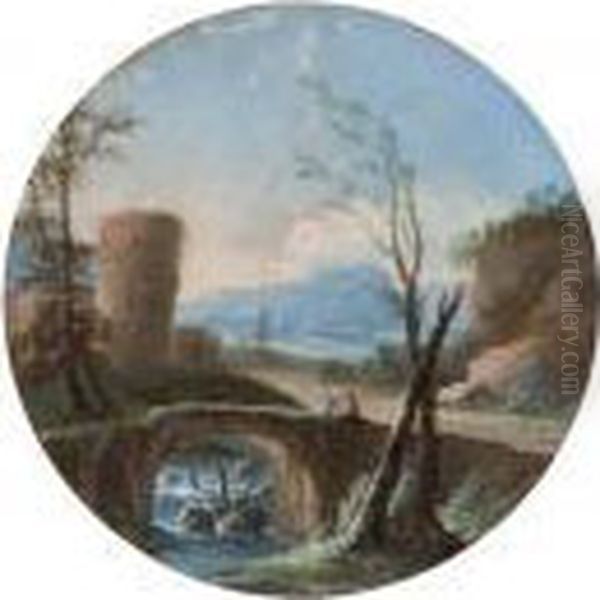 Paesaggio Fluviale Con Viandanti
In Sosta Presso Un Ponte Di Pietra; E Paesaggio Con Astanti E
Fortificazione In Lontananza - view 1
