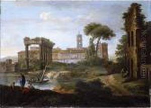 A River Landscape With A Ruined 
Temple, A Roman Amphitheatre, And Buildings Beyond, Figures Conversing 
In The Foreground