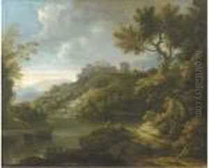 An Arcadian Landscape With Figures Resting By A Lake, A Town On A Hilltop Beyond