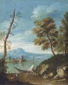 A Mediteranean Coastal Landscape
 With Figures Unloading A Sailingvessel, Other Figures Resting On A Path
 On The Edge Of A Wood