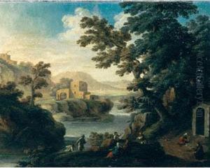 Paesaggio Fluviale Con Pescatori, Chiesa Di Campagna E Monaco by Paolo Anesi