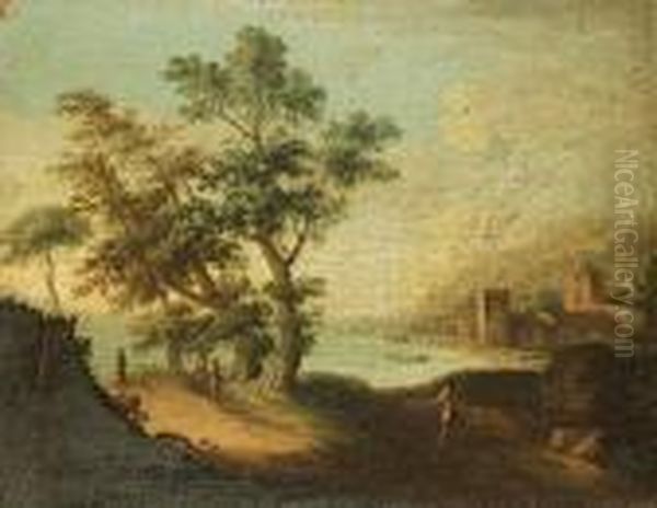 A River Landscape With Fishermen
In A Boat With Figures On The Bank; And, A River Landscape With Figures
On A Path, A Village Beyond - view 1