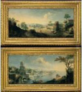 Paesaggio Fluviale Con Barche E Figure; Campagna Romana Con Pastore by Paolo Anesi