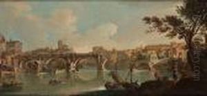The Tiber And The Ponte Rotto,
Rome, With Figures On The Bank And In Boats Crossing The River; And The
Castel Sant' Angelo And The Tiber With Fishermen On The Bank by Paolo Anesi