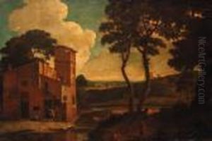 An Italianate Landscape With Washerwomen Outside A Villa