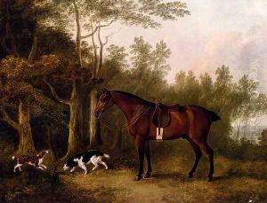 A Bay Hunter And Two Spaniels In A Landscape by John Boultbee