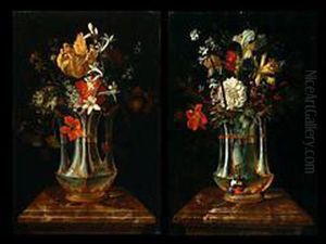 Gemaldepaar Mit Blumenstilleben In Vasen by Johann-Adalbert Angermeyer