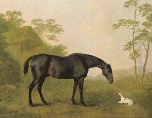A black hunter and a dog in a landscape by John Boultbee