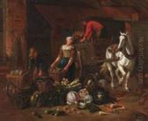 Vegetable Merchant With Horse-cart And Wheelbarrow by Pieter Angillis