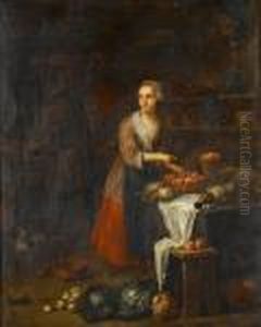 A Kitchen Interior With A Young Woman Standingat A Table Laden With Fruit And Dead Birds