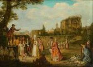 A Market Square With A Man Addressing A Crowd From A Platform, A View To A Town Beyond by Pieter Angillis