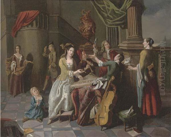 Elegant Company Making Music At A Table On A Terrace - view 1
