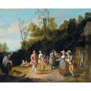 Village Scene With A Company Of Figures Dancing And Merrymkaing Outside A Tavern by Pieter Angillis