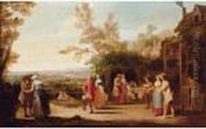 Country Folk Eating And Dancing Outside A Tavern by Pieter Angillis