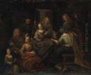 Elegant Company Making Music In
An Interior With A Sportsmanshowing A Lady Trophies Of The Hunt by Pieter Angillis