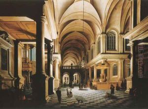 A church interior by candlelight with figures conversing 1652 by Daniel de Blieck