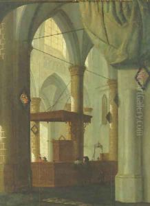 The interior of a Gothic church with an elegant couple 1654 by Daniel de Blieck