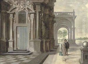 A courting couple outside a building, an arcade and a garden beyond by Daniel de Blieck