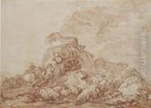 Une Charrette Embourbee Devant Un Troupeau De Moutons Et Entouree De Paysans by Robert Ango
