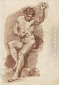 Study Of A Seated Male Nude, His Left Arm Raised by Robert Ango