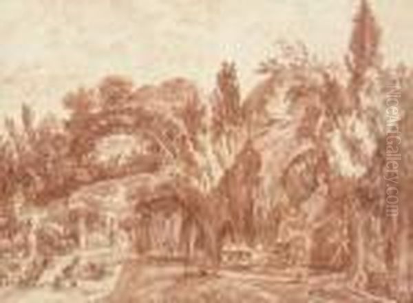 Une Terrasse Dans Le Jardin De 
Villa Pamphili, Des Figures Avec Une Brouette Au Premier Plan - view 1