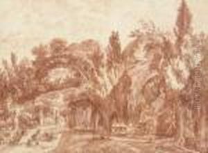 Une Terrasse Dans Le Jardin De 
Villa Pamphili, Des Figures Avec Une Brouette Au Premier Plan