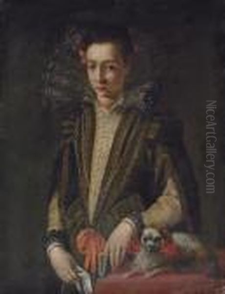 Portrait Of A Girl,
Three-quarter-length, In A Black And Gold Embroidered Dress With A Lace
Collar, A Book In Her Left Hand, A Handkerchief In Her Right, A Dog By
Her Side - view 1