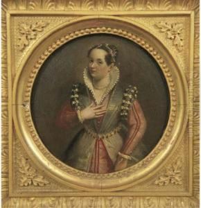 Portrait Of A Lady, Small 
Three-quarter-length, In A Red Dress And Jewel Embroidered Belt