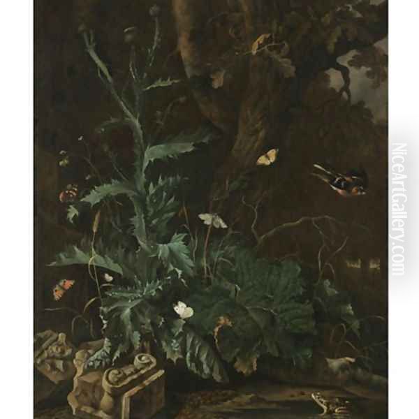 A forest floor with a thistle, the ruin of an Ionic Column, butterflies, a toad, and a songbird - view 1