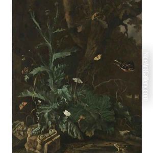 A forest floor with a thistle, the ruin of an Ionic Column, butterflies, a toad, and a songbird