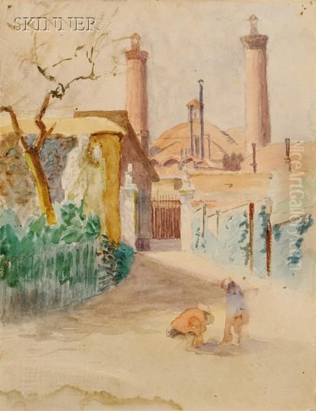 Two Children Playing Before A Distant Gate - view 1