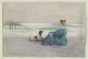 Woman And Springer Sitting On The Beach