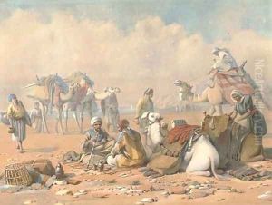 A resting caravan sharing a pipe by the water's edge by Joseph-Austin Benwell