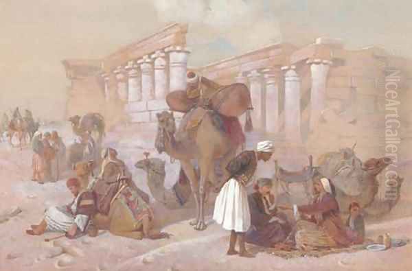 Arabs with their camels by temple ruins - view 1