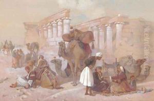 Arabs with their camels by temple ruins by Joseph-Austin Benwell