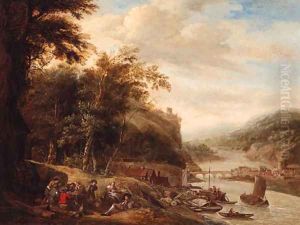 A Rhenish landscape with peasants resting by a table outside a cottage, a village beyond by Gerrit Van Battem