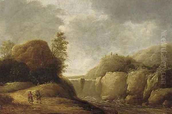 A mountainous landscape with travellers on a path by a waterfall - view 1