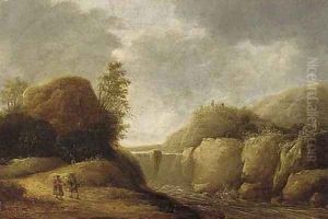 A mountainous landscape with travellers on a path by a waterfall A mountainous landscape with travellers on a path by a waterfall