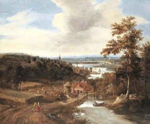 A wooded river landscape with harvesters and travellers on a bridge, a town beyond A wooded river landscape with harvesters and travellers on a bridge, a town beyond