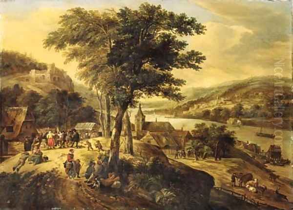 Travellers resting by a tree with peasants dancing to the music of a violinist, cowherds nearby, in a Rhenish landscape - view 1