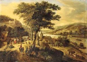 Travellers resting by a tree with peasants dancing to the music of a violinist, cowherds nearby, in a Rhenish landscape