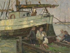 Spielende Kinder Am Bootsanleger by Otto Antoine