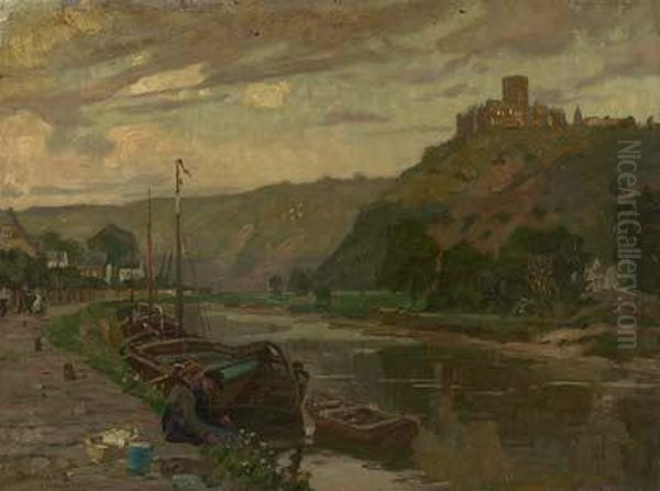 Flusbiegung Mit Lastkahnen Und Burg - view 1