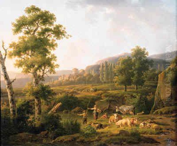 Dawn: A Shepherdess Conversing 
With An Angler On A River Bank, Withpeasants Going To The Market On A 
Country Road, A Castle Beyond;and Sunset: A Peasant Woman And A Shepherd
 Watering Cattle Andsheep, Travellers And A Cowherd On A Track Beyond - view 1