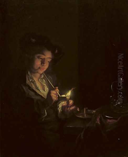 A candlelit interior with a young man seated at a table, lighting his pipe - view 1