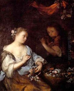 A young boy playing a flute to a young woman holding a garland of flowers in a wooded landscape by Arnold Boonen
