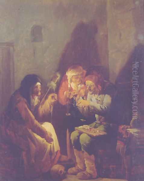 A Vanitas- An old man seated on a barrel weighing gold, an old peasant and a fortune-teller holding a candle, in a barn - view 1