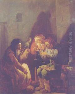 A Vanitas- An old man seated on a barrel weighing gold, an old peasant and a fortune-teller holding a candle, in a barn A Vanitas- An old man seated on a barrel weighing gold, an old peasant and a fortune-teller holding a candle, in a barn